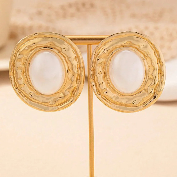 Yellow Gold Women's Geometric Texture Oval Pearl Inlay Pendant Vintage Earrings - Picture 3 of 6